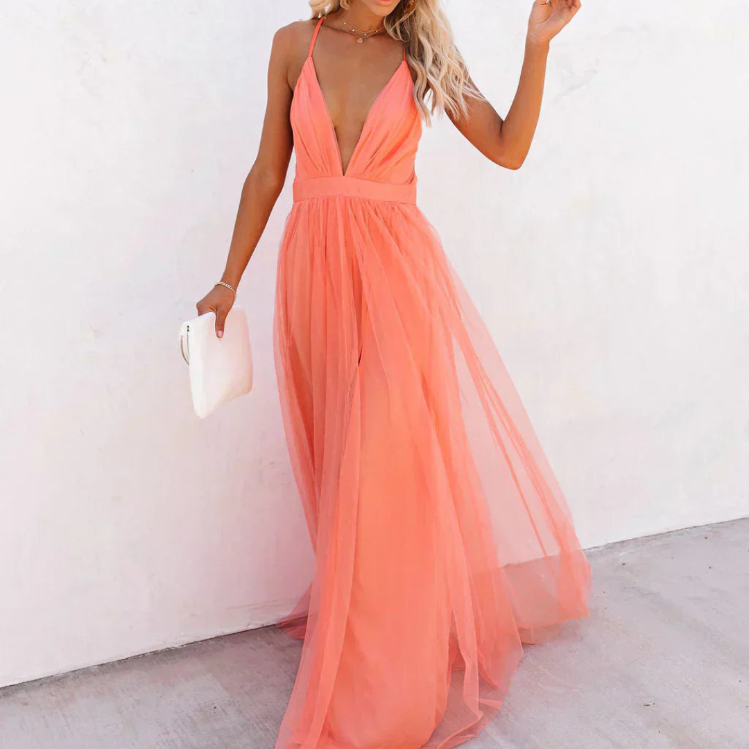 Genevieve | Vestido Largo Coral Brillante