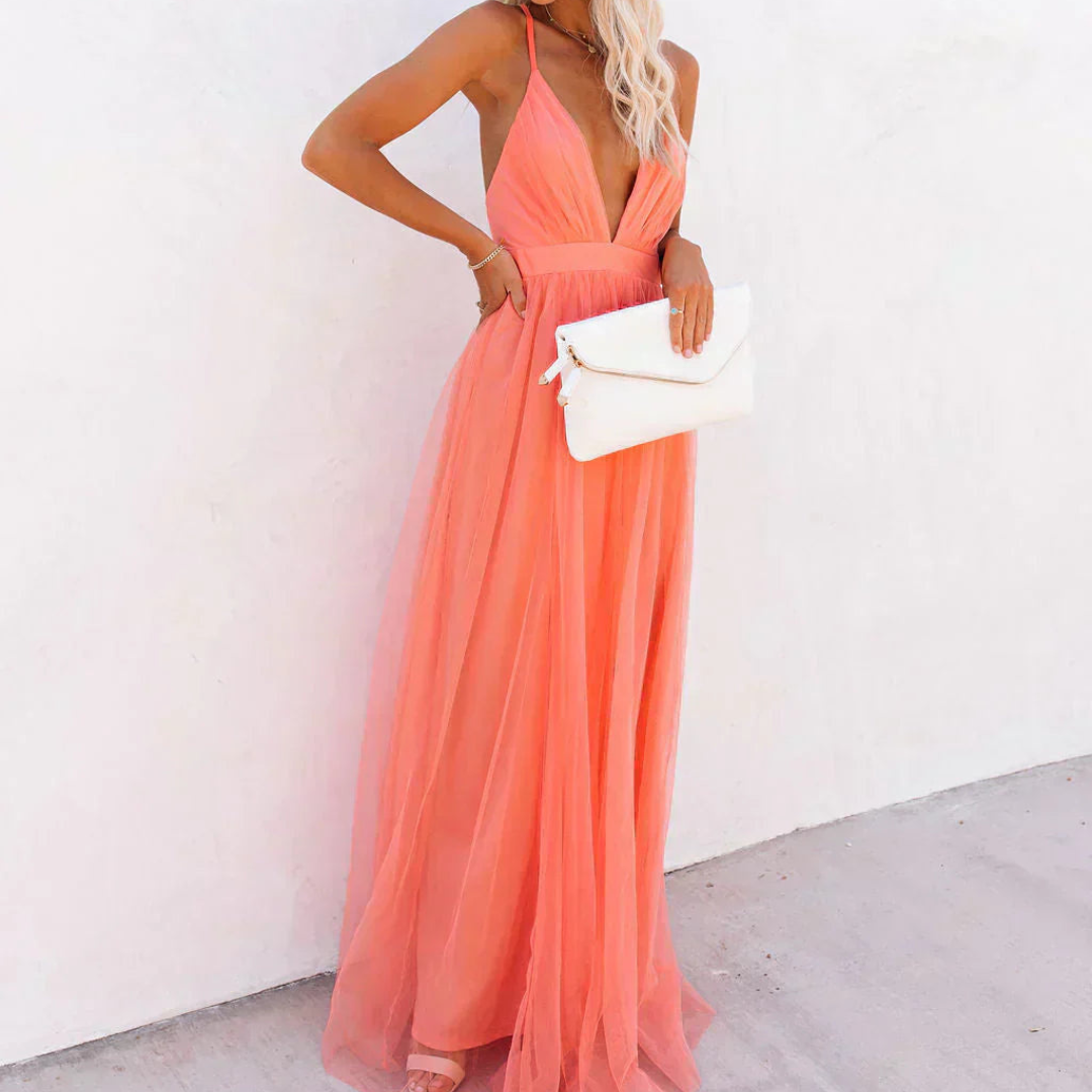 Genevieve | Vestido Largo Coral Brillante