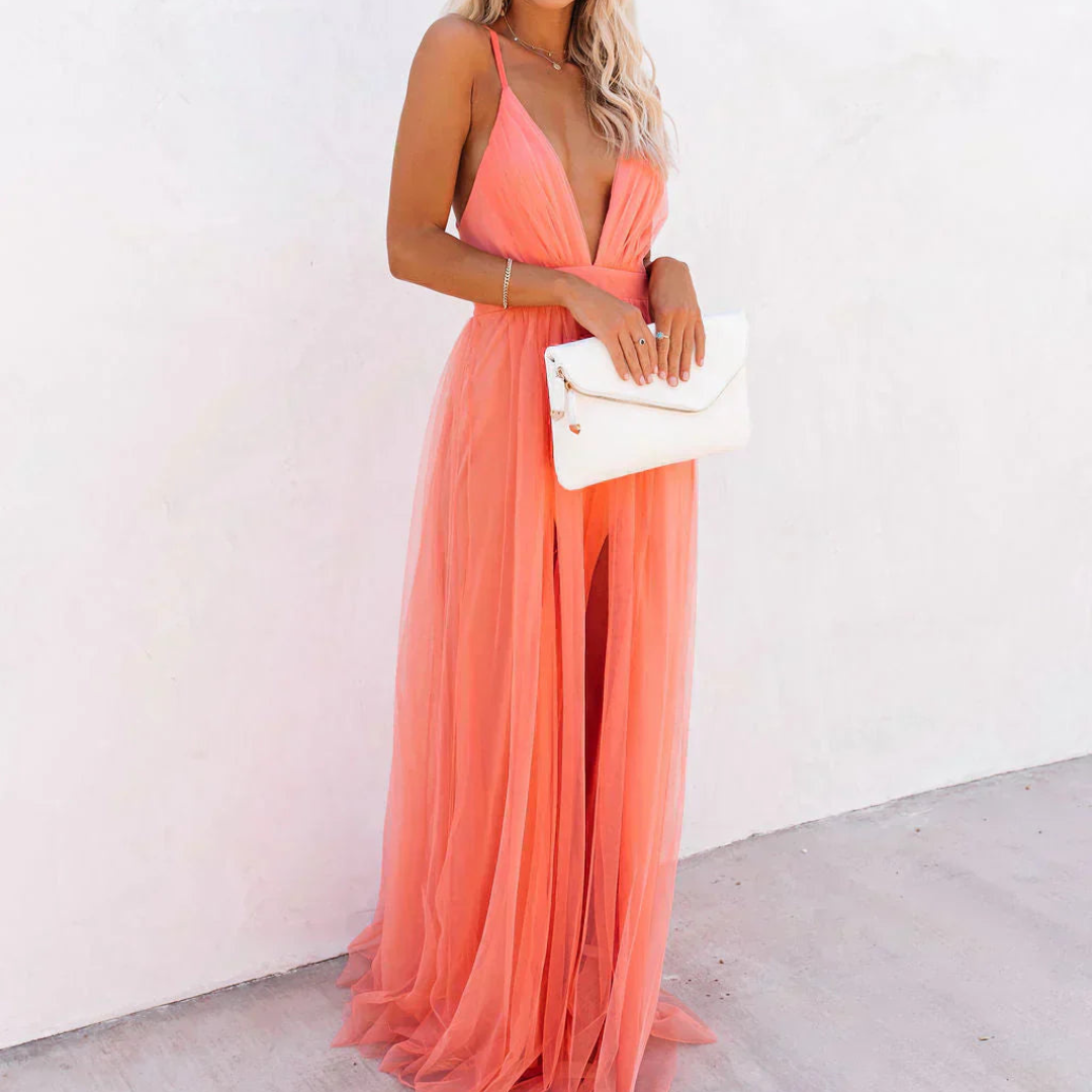 Genevieve | Vestido Largo Coral Brillante