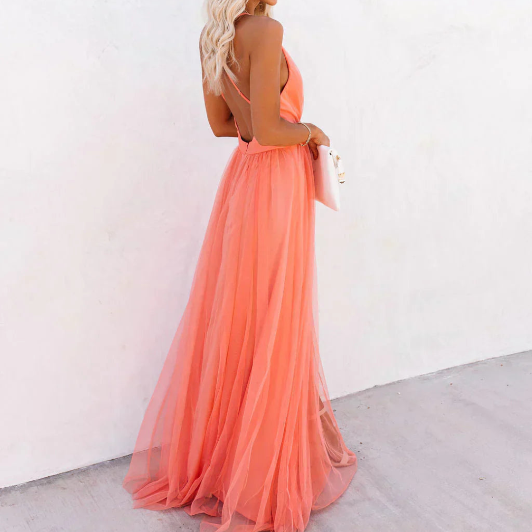 Genevieve | Vestido Largo Coral Brillante
